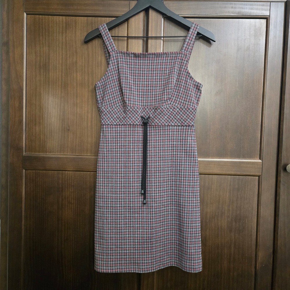 Vintage Rampage Plaid Mini Dress Red Grey Square Neck Toggle Waist 90s Womens 7